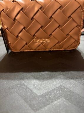 NWT Bebe Zaya Woven Flap Crossbody Bag Almond Tan Gold Logo